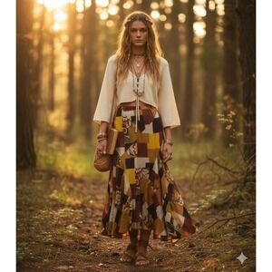Boho Whimsy Silk‎ Patchwok Skirt XL Hippie Fairycore Indie Grandmacore Granola